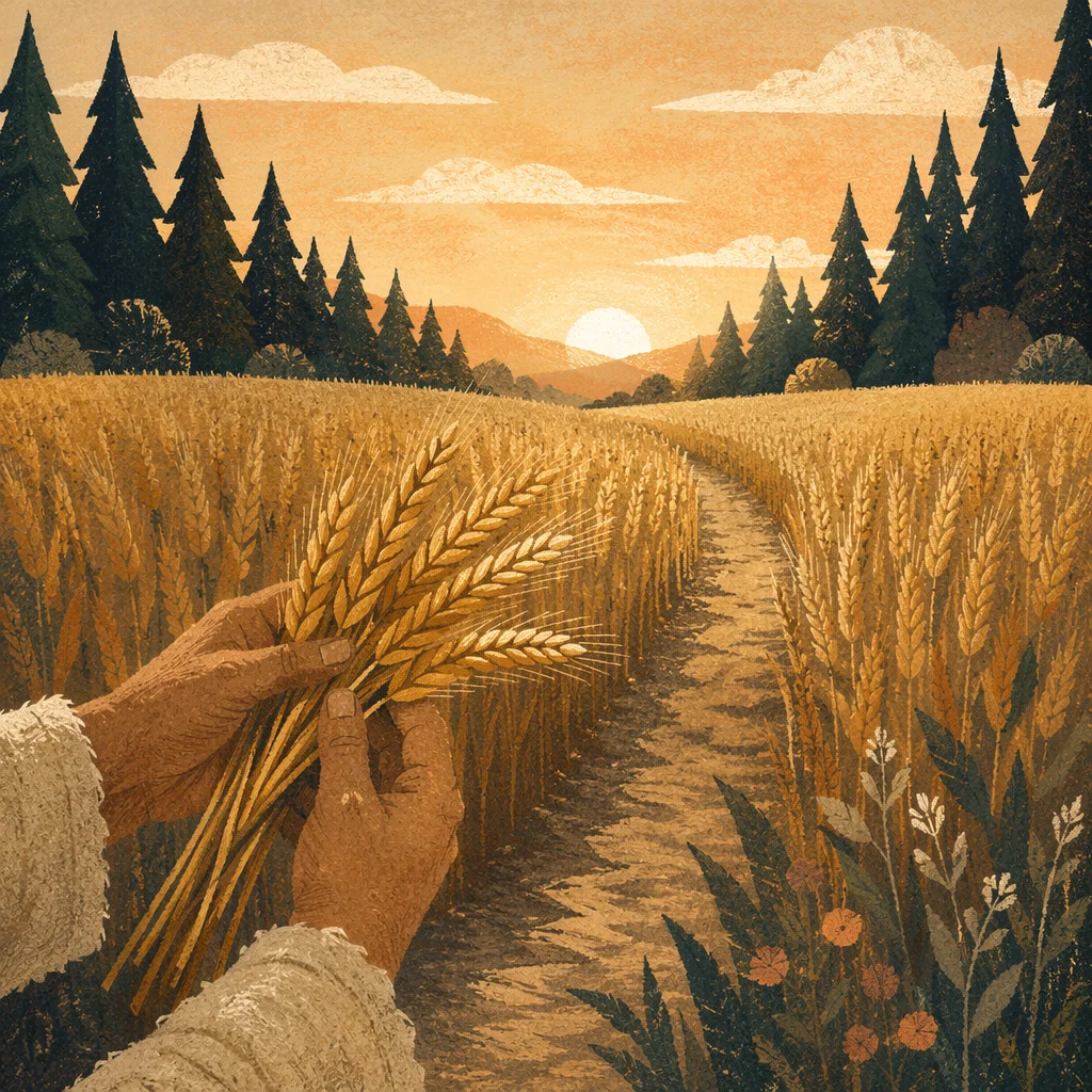 Golden Wheat Harvest with Evergreen Horizon