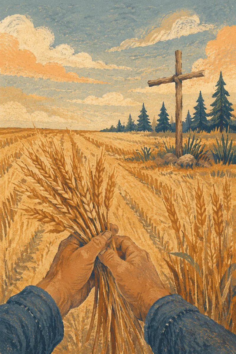 Golden Harvest Wheat Field with Wooden Cross