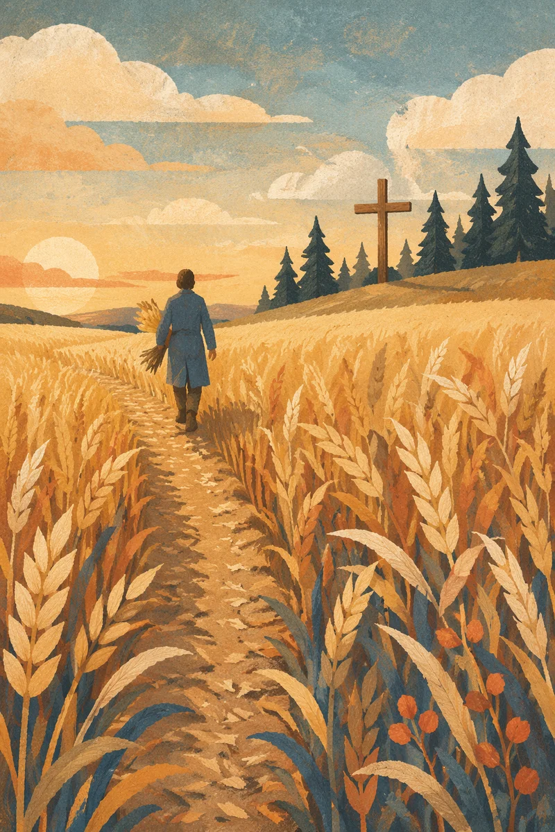 Golden Harvest Path Toward Wooden Cross