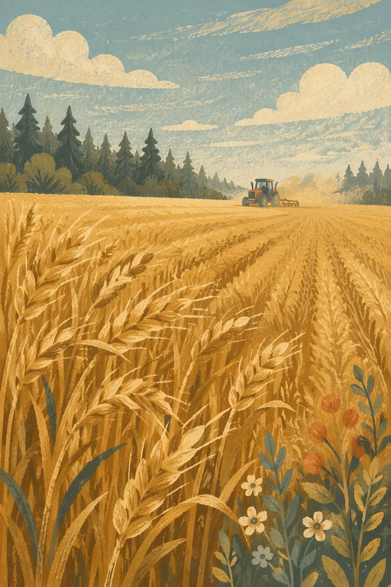 Golden Wheat Harvest by Evergreen Trees