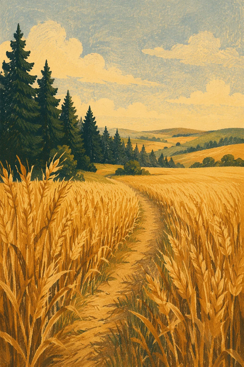 Golden Wheat Harvest Beside Evergreen Trees