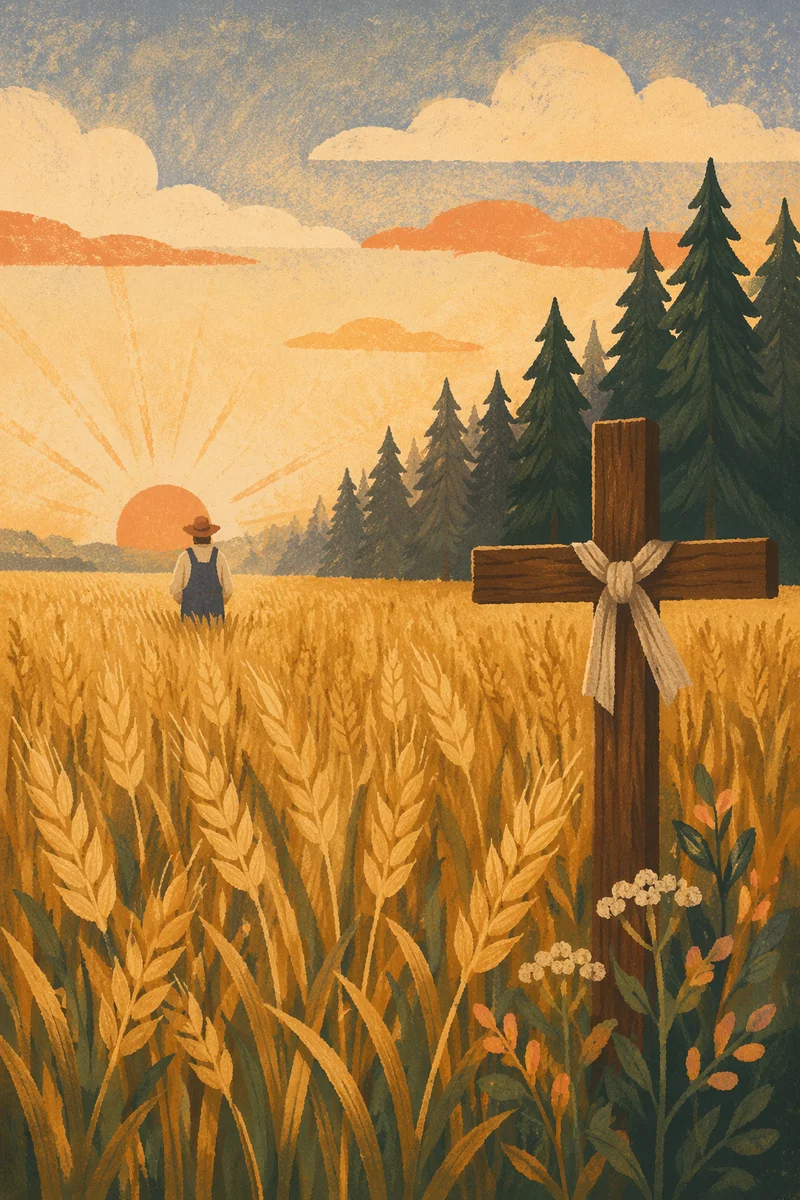Golden Harvest Wheat Field With Evergreen Cross
