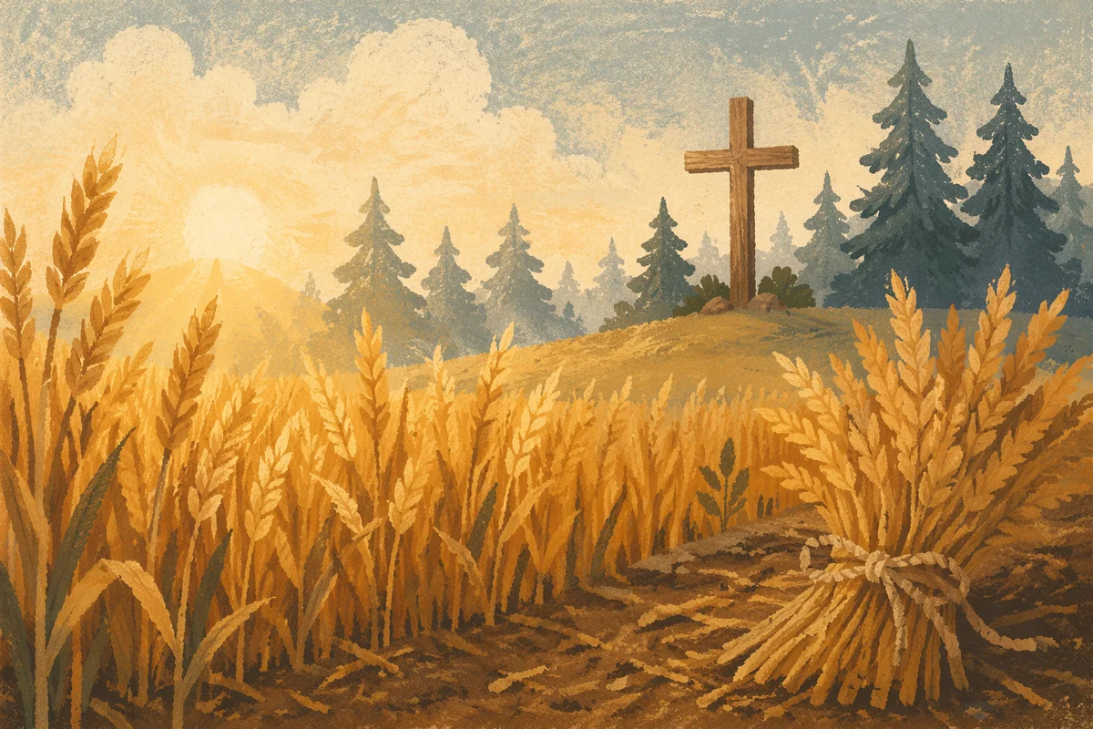 Golden Wheat Harvest Beside Evergreen Cross