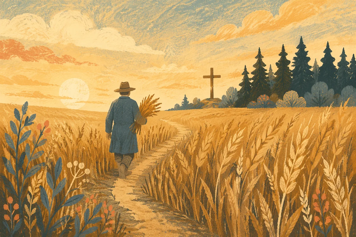 Golden Harvest Path Toward Wooden Cross