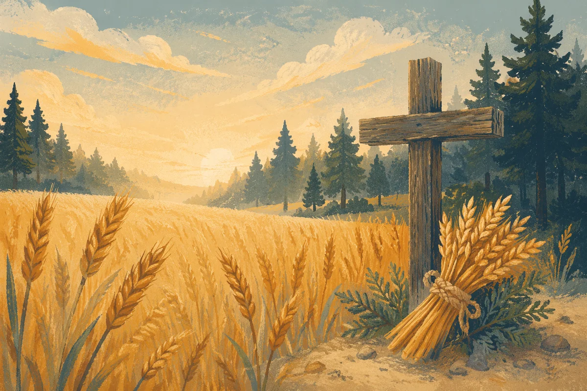Golden Harvest Cross Beside Evergreen Pines
