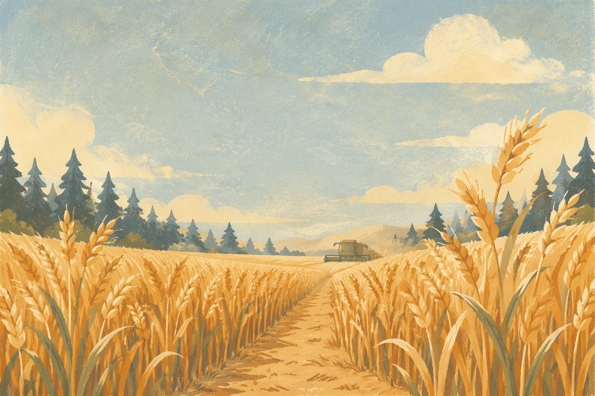 Golden Wheat Harvest with Evergreen Horizon