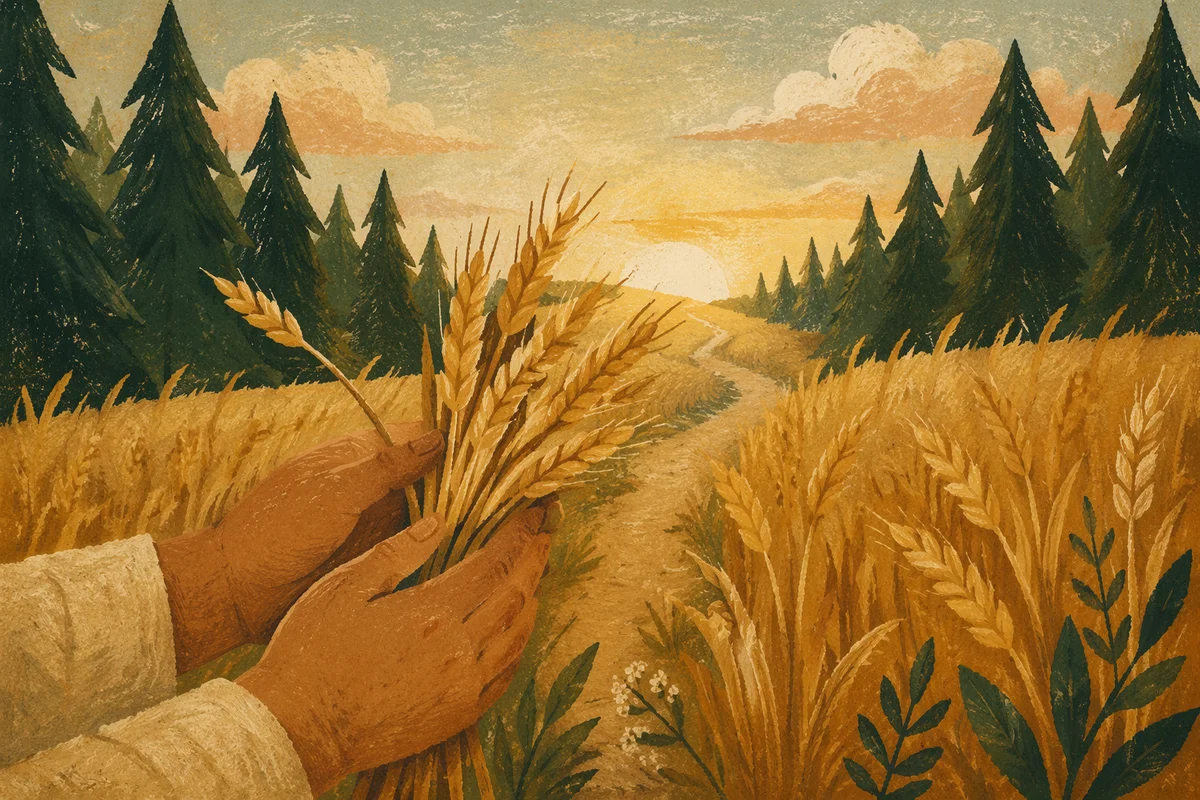 Golden Wheat Harvest by Evergreen Pines