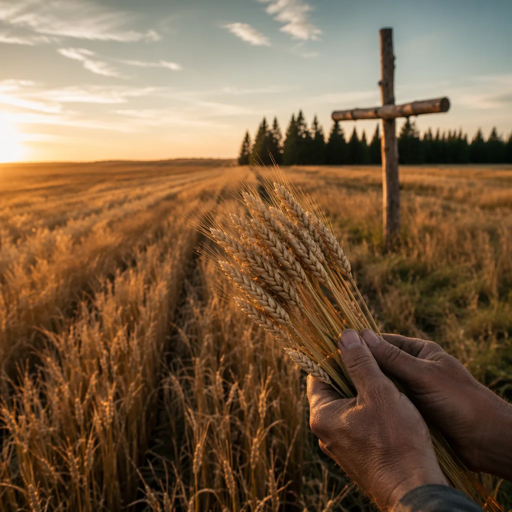 Golden Harvest Wheat Field with Wooden Cross