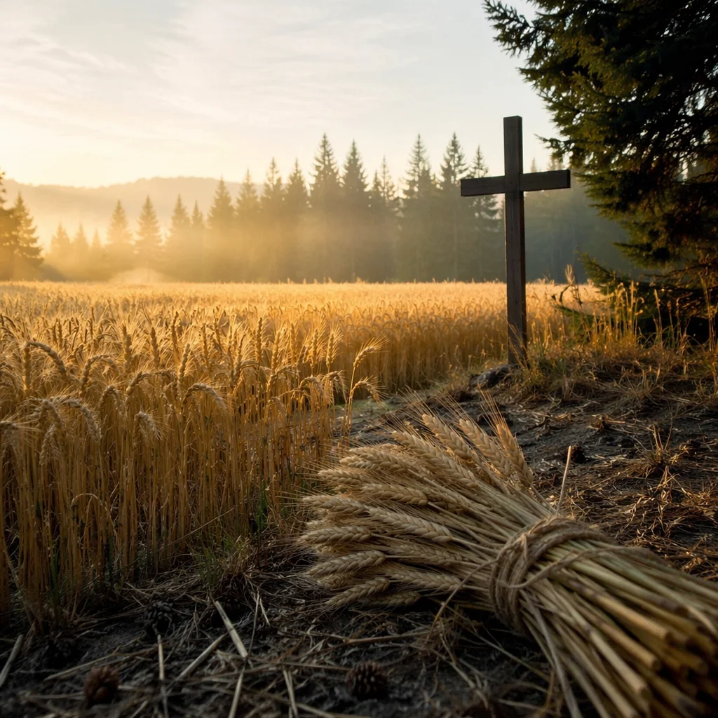 Golden Wheat Harvest Beside Evergreen Pines