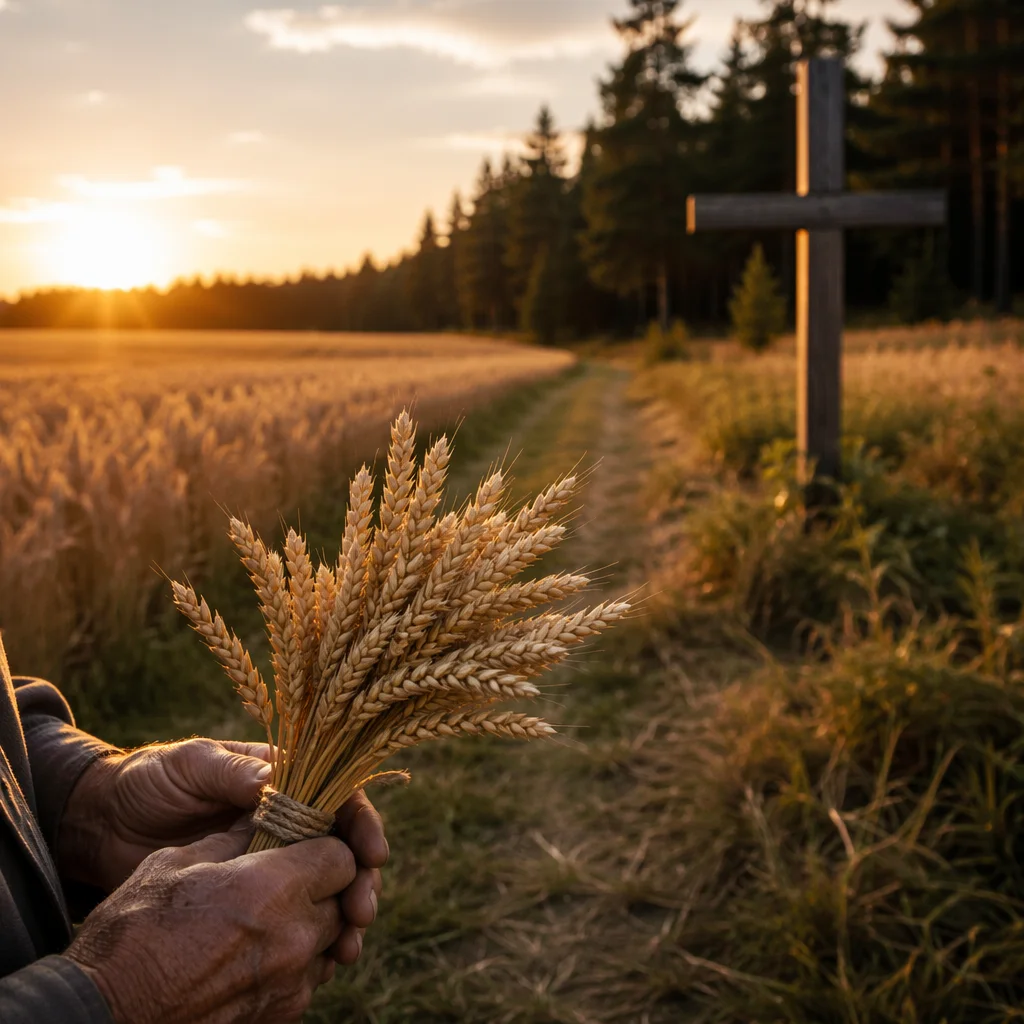 Golden Wheat Harvest with Wooden Cross