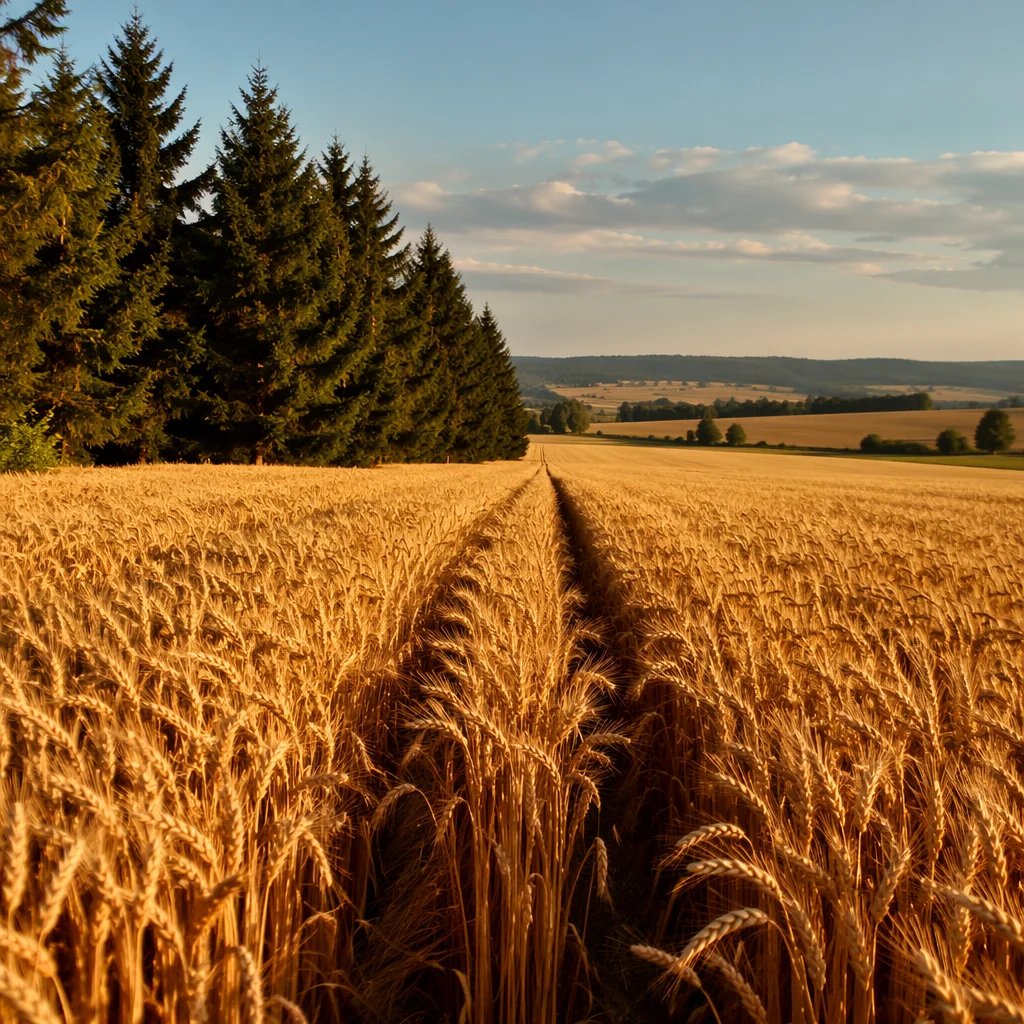 Golden Wheat Harvest by Evergreen Trees