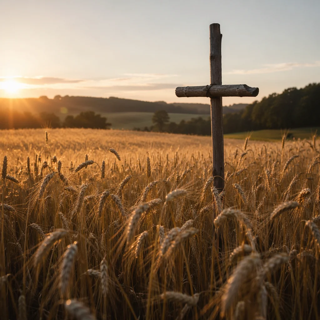 Golden Wheat Field Cross at Sunrise