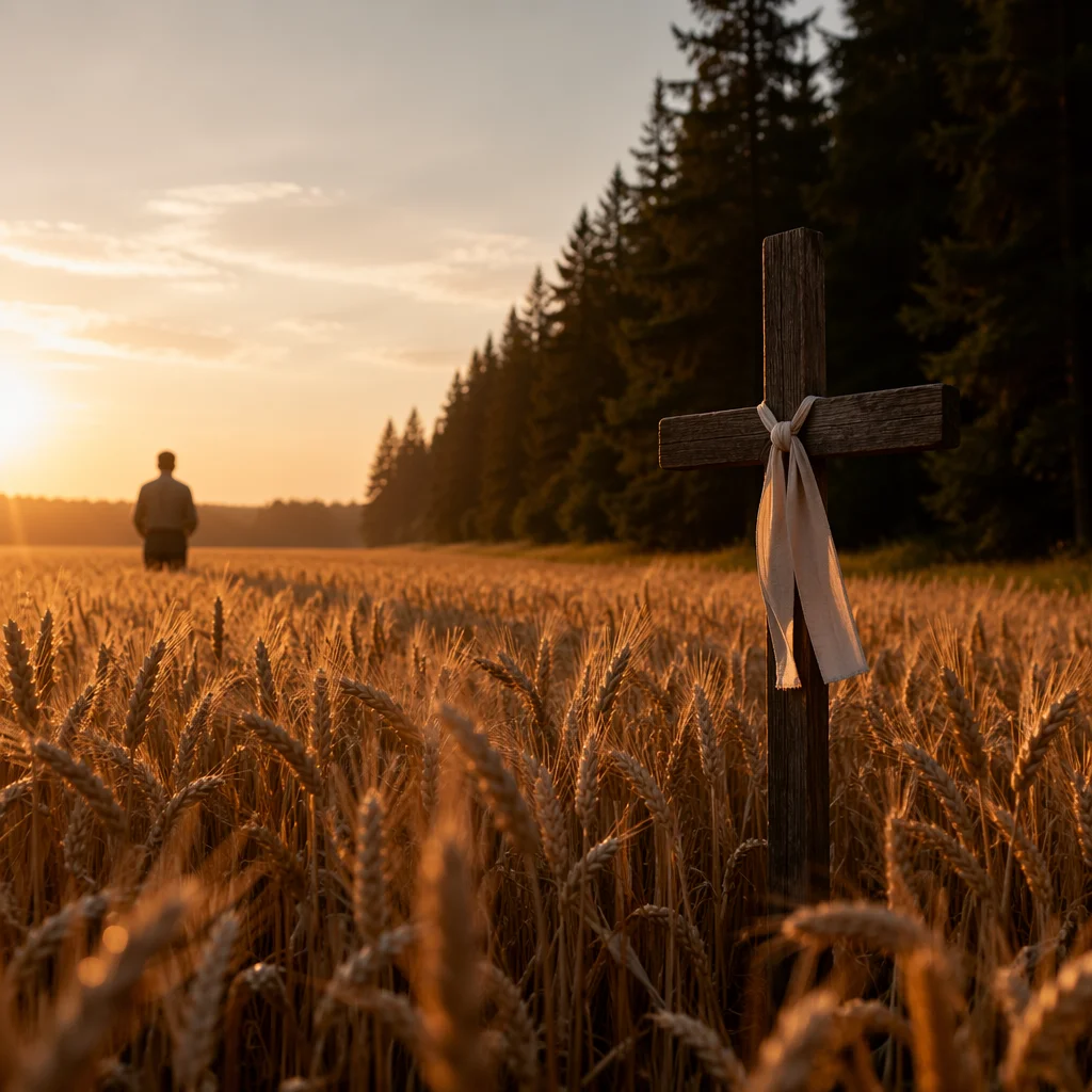 Golden Wheat Harvest Beside Evergreen Cross