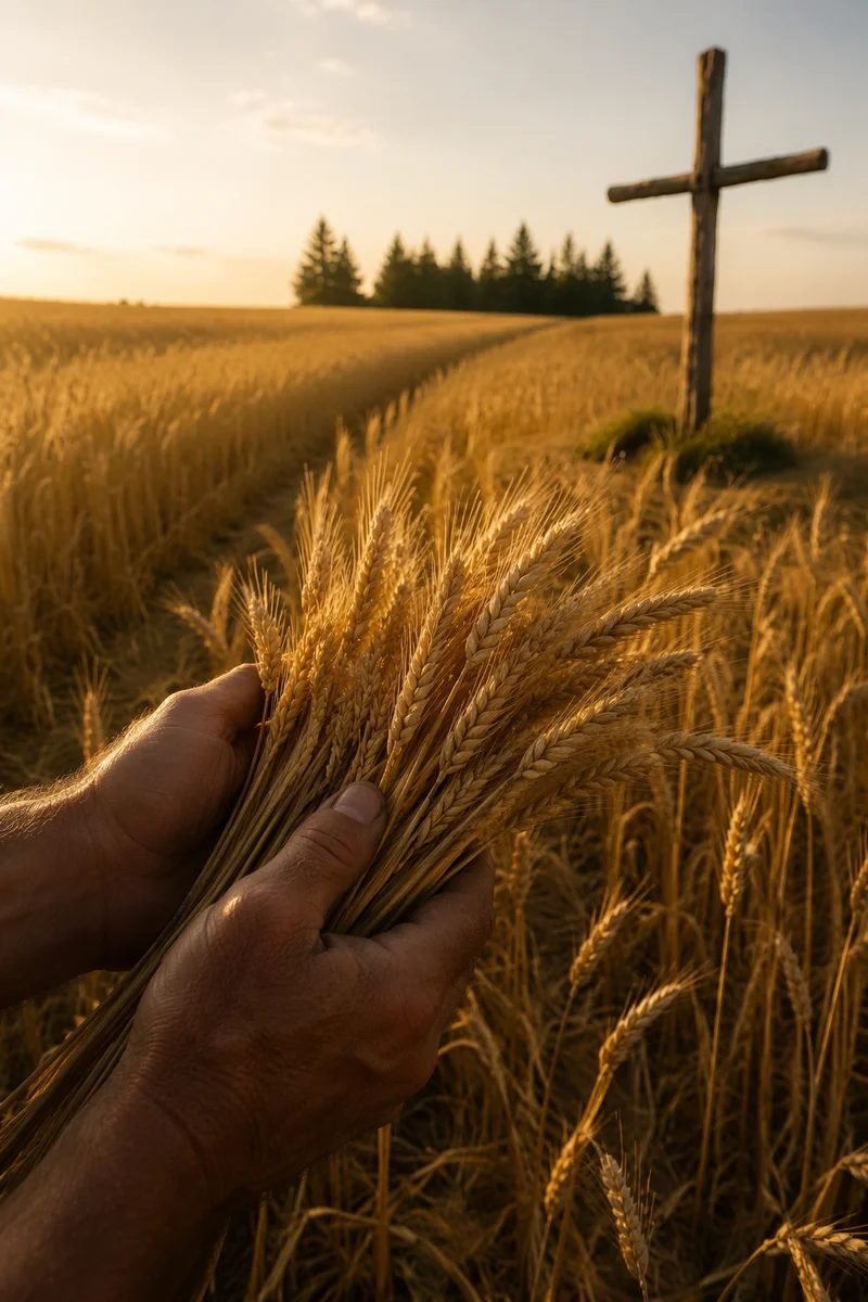 Golden Harvest Wheat Field with Wooden Cross