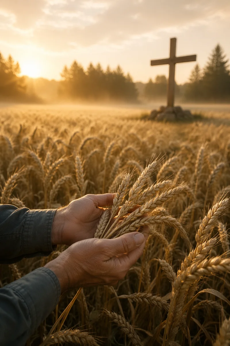 Golden Wheat Harvest with Cross at Dawn