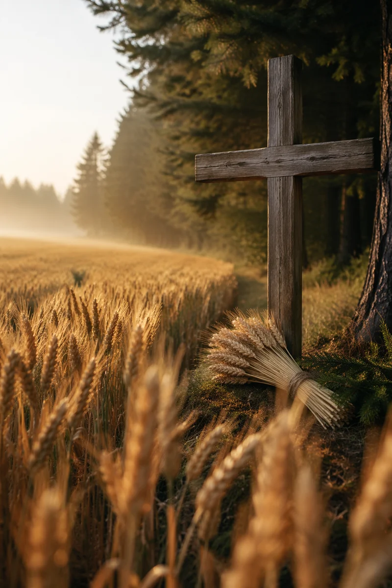 Golden Wheat Harvest Cross Among Evergreens