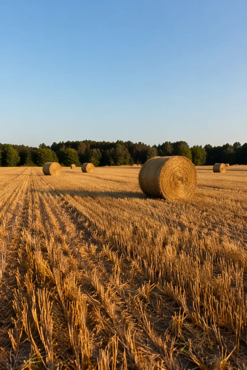 Golden Wheat Harvest Field with Hay Bales