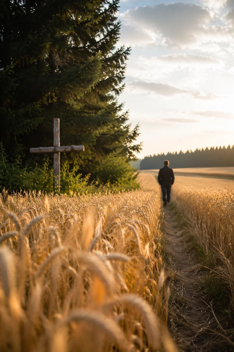Golden Wheat Harvest with Evergreen Cross