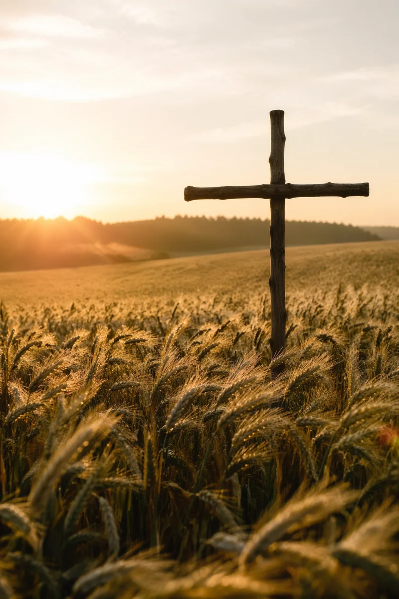 Wooden Cross in Golden Wheat Harvest
