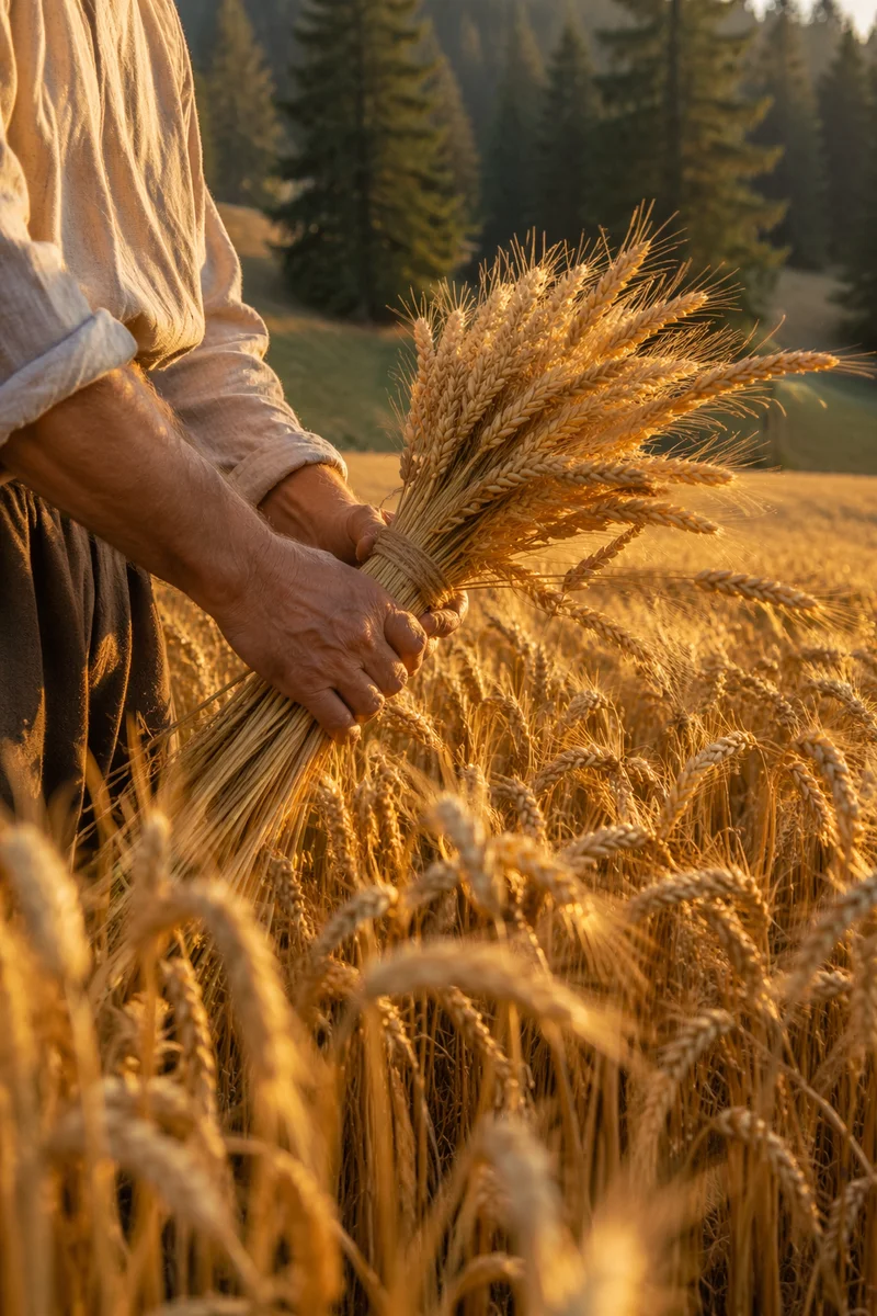 Golden Wheat Harvest by Evergreen Pines