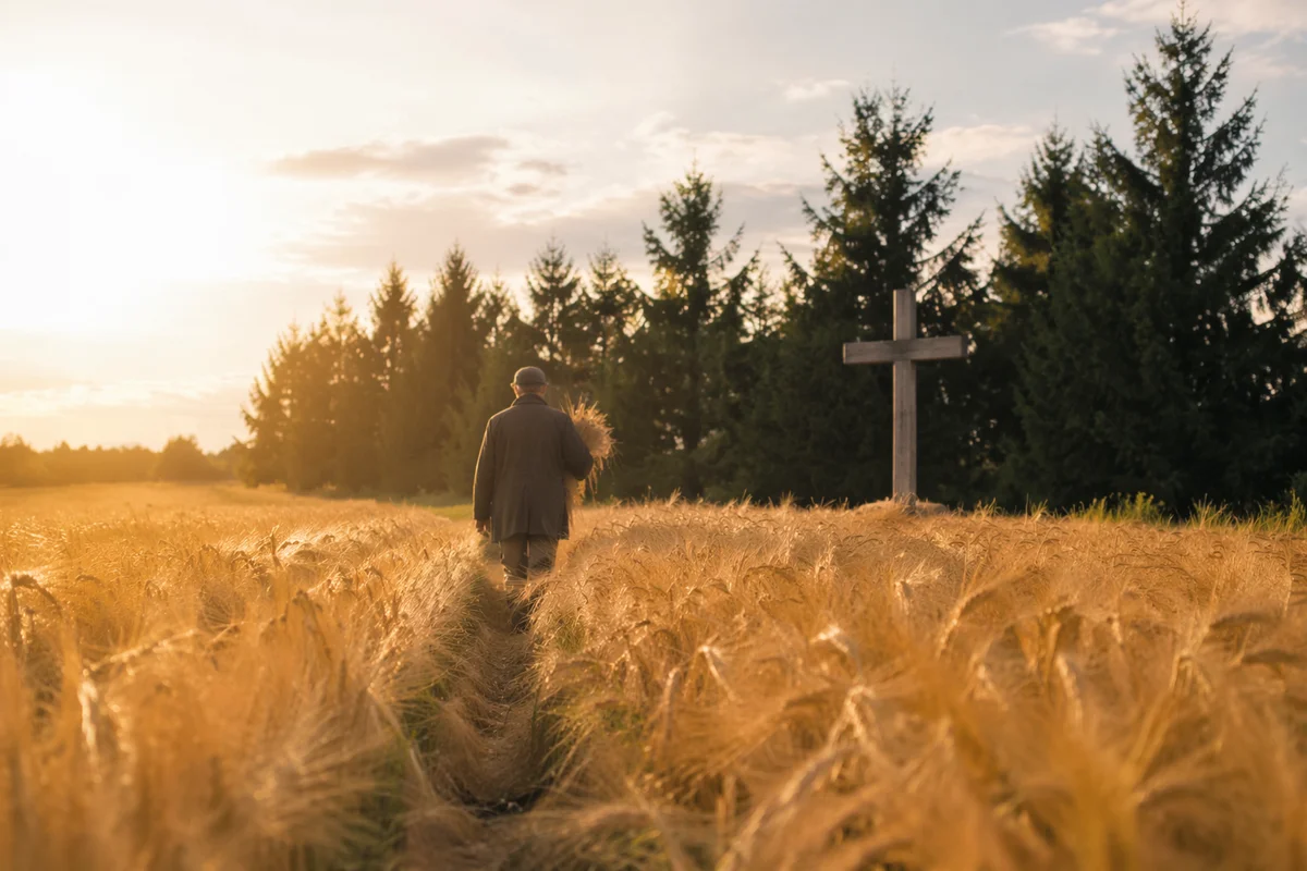 Golden Wheat Path Toward Wooden Cross