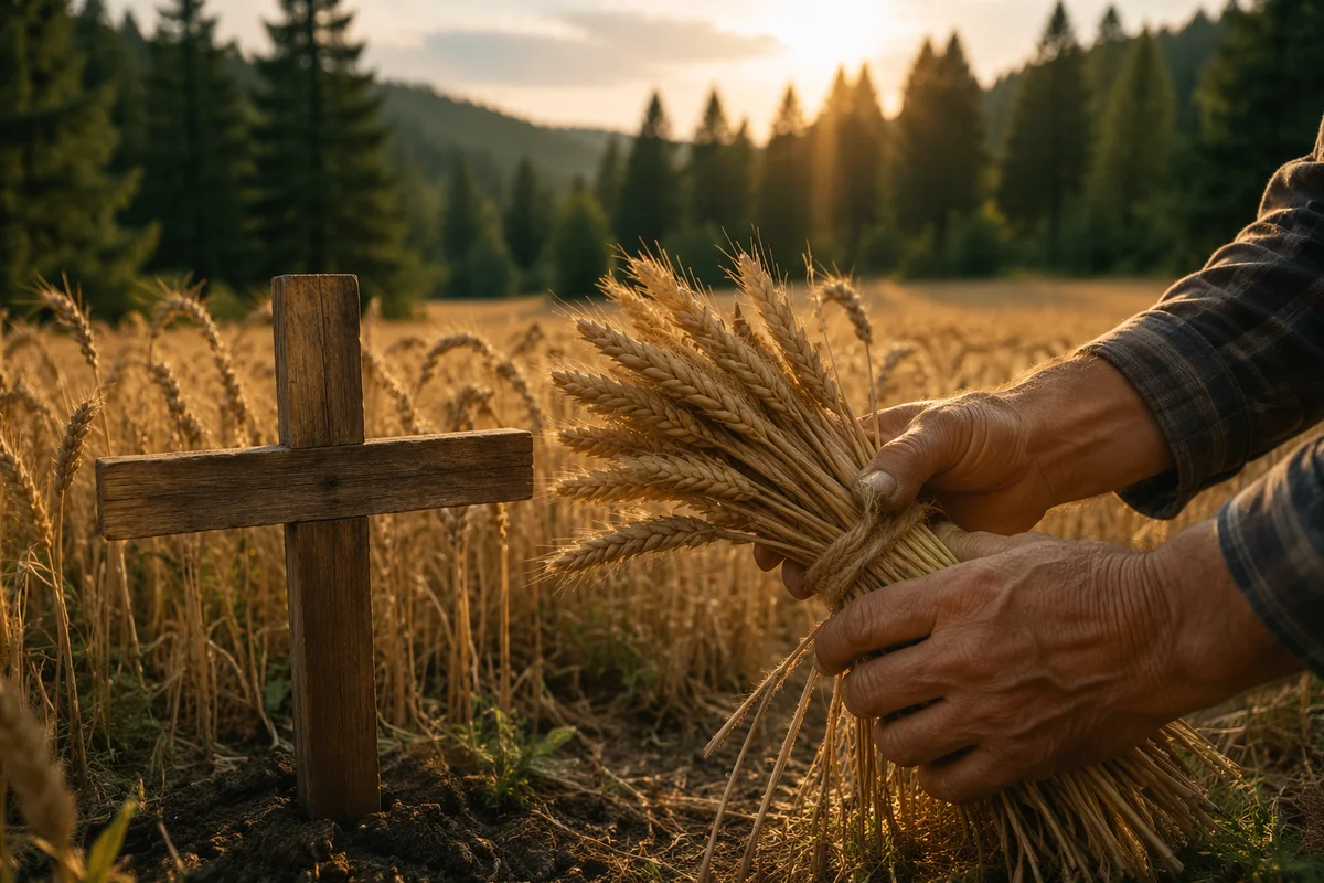 Golden Wheat Harvest with Evergreen Cross