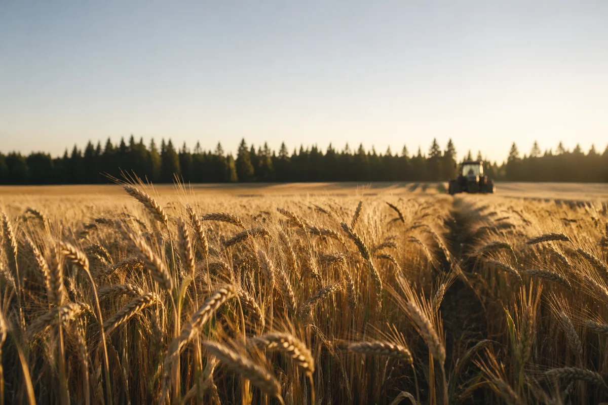 Golden Wheat Harvest with Evergreen Horizon
