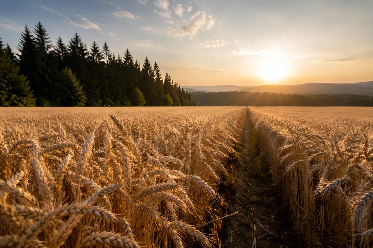 Golden Wheat Field with Evergreen Horizon