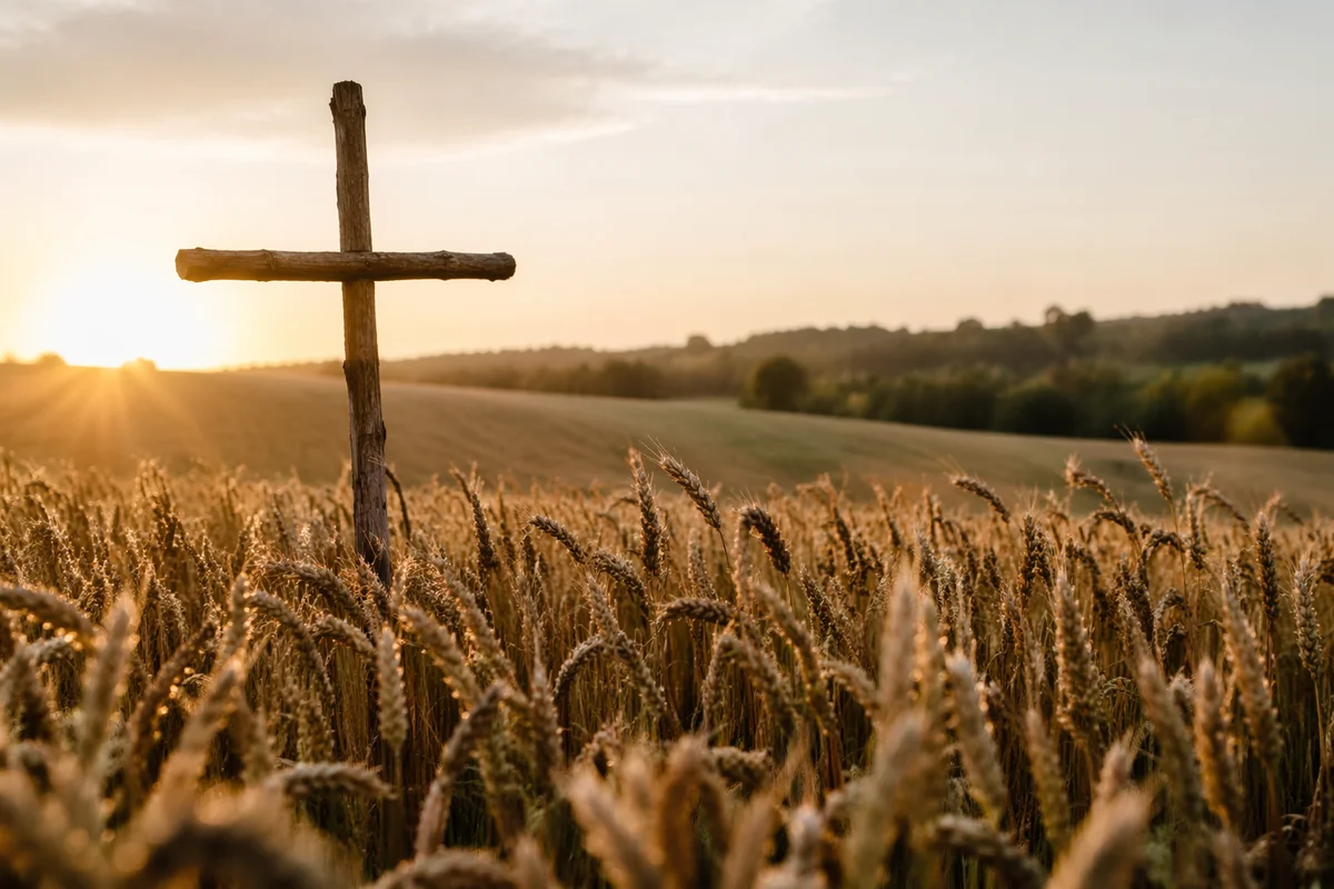 Golden Wheat Harvest Cross at Sunrise