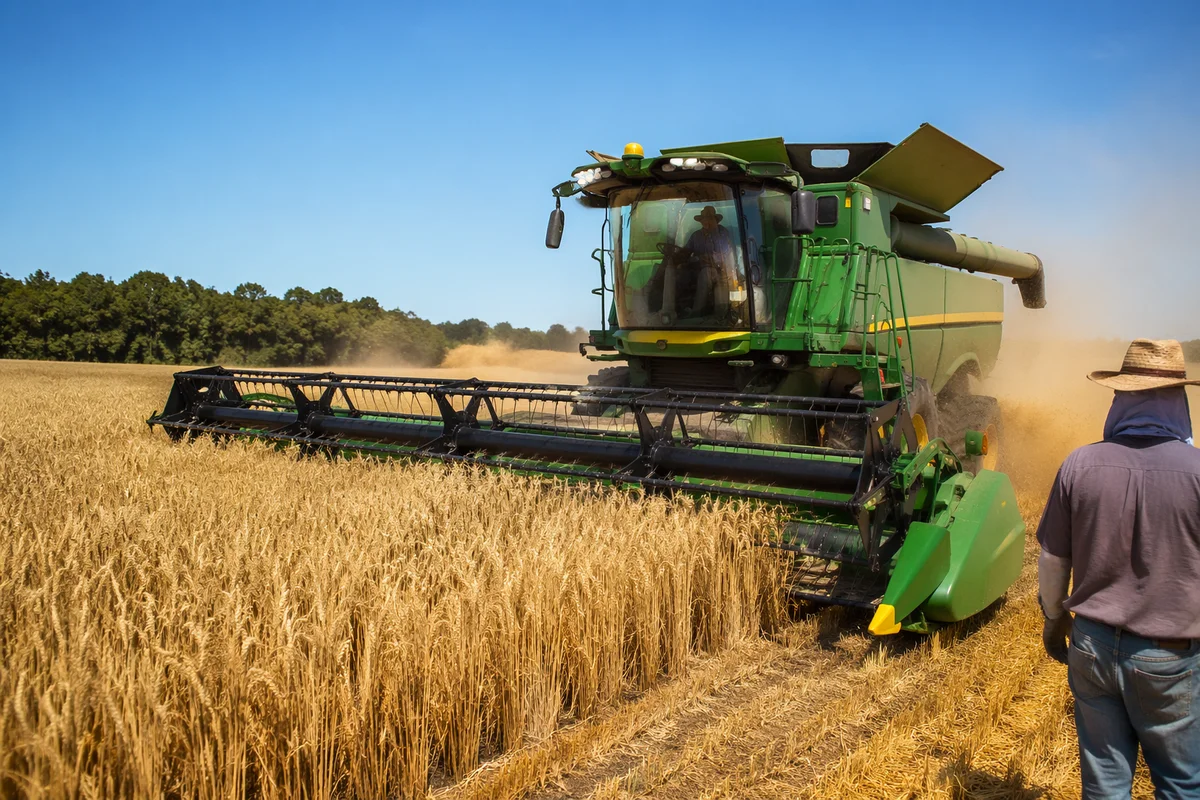 Golden Wheat Harvest With Green Combine