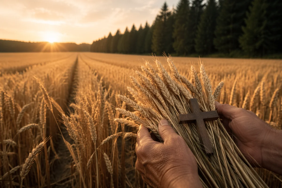 Golden Wheat Harvest with Evergreen Pines