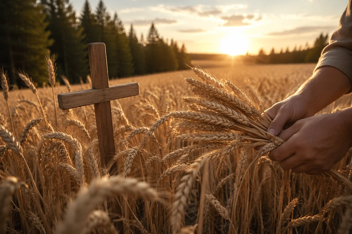 Golden Wheat Harvest with Evergreen Pines