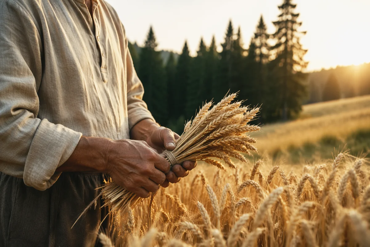 Golden Wheat Harvest Beside Evergreen Pines