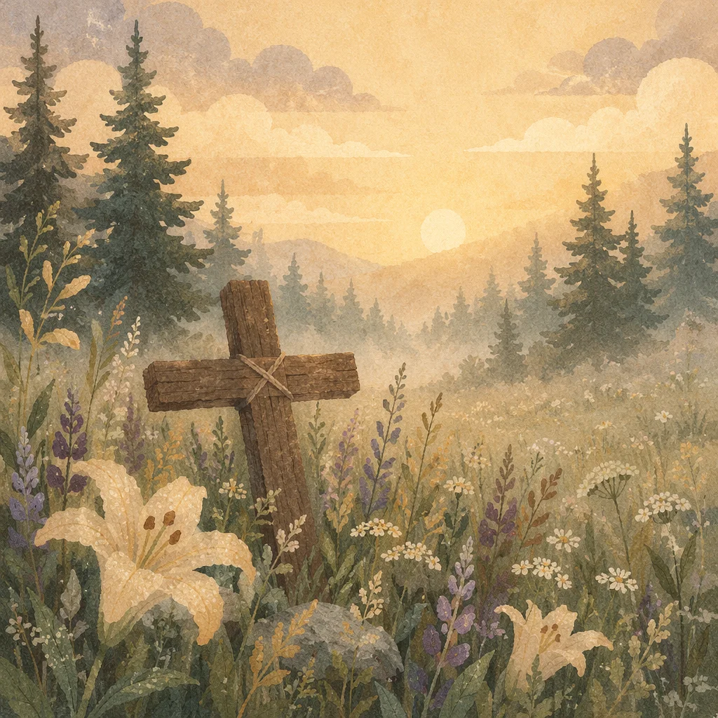 Dawn Wildflower Meadow with Wooden Cross