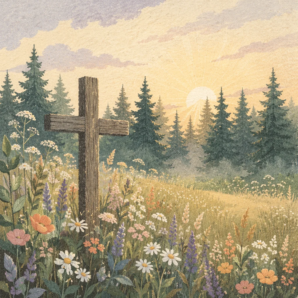 Morning Wildflower Meadow with Wooden Cross