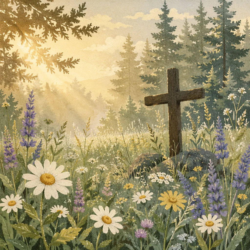 Wildflower Meadow Cross in Morning Light