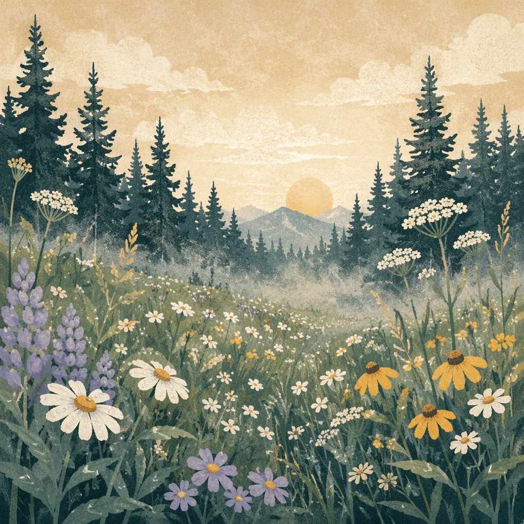 Soft Morning Wildflower Meadow with Evergreens