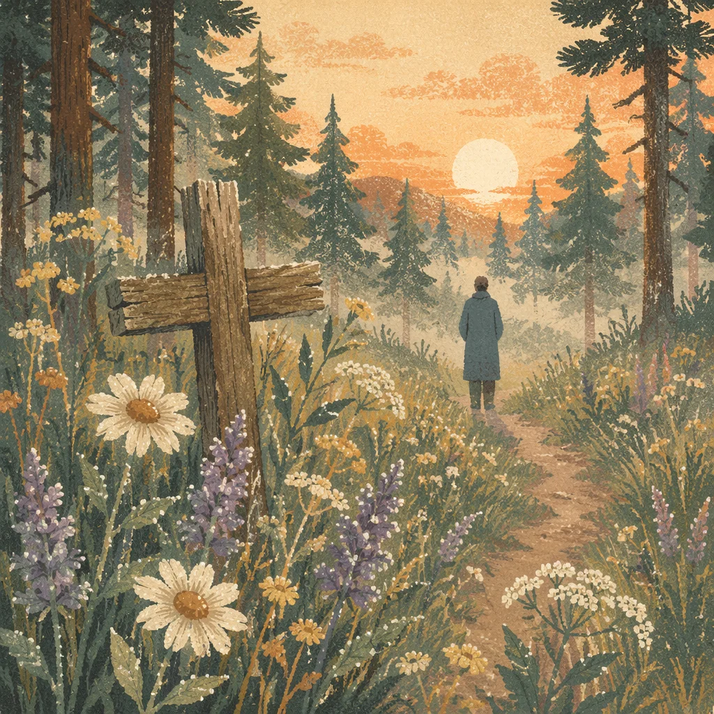 Morning Wildflower Meadow With Wooden Cross