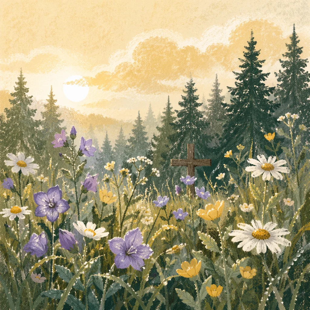 Morning Wildflower Meadow with Hidden Cross