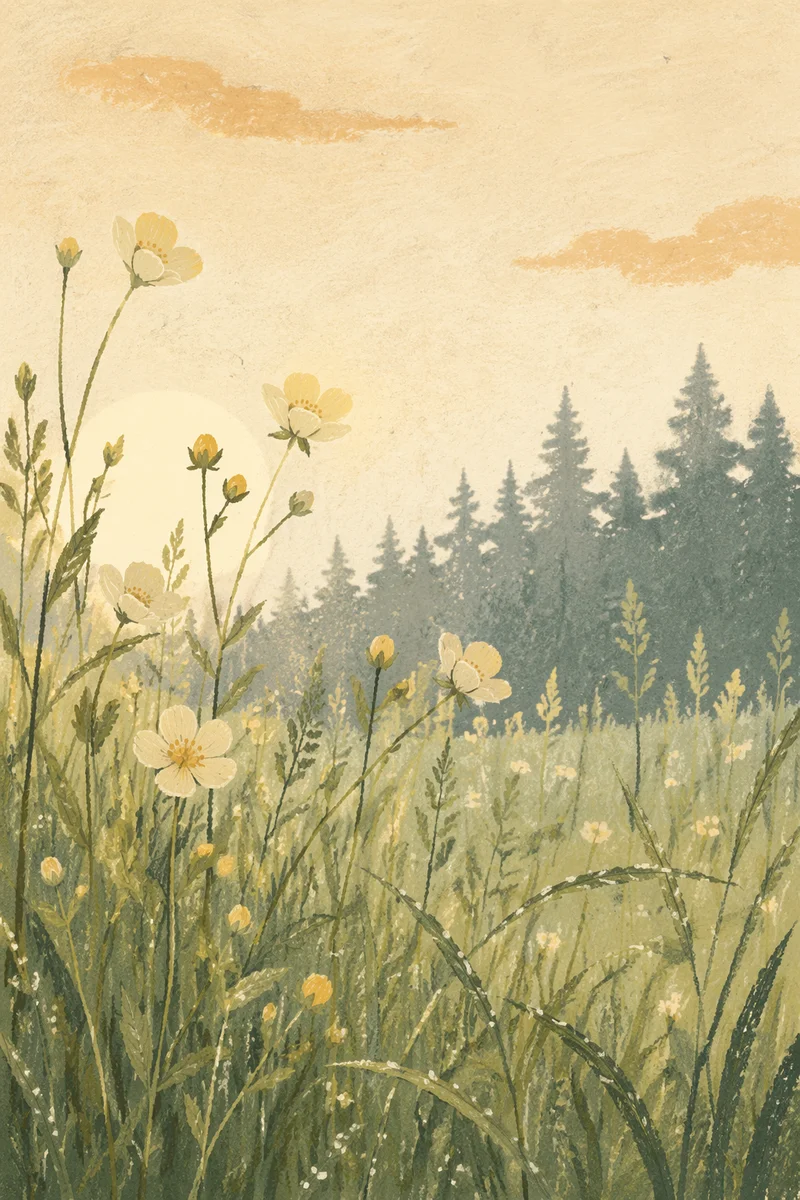 Pale Wildflowers in Soft Morning Meadow