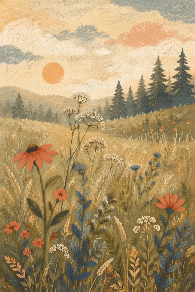 Wildflowers in Soft Evergreen Morning Meadow