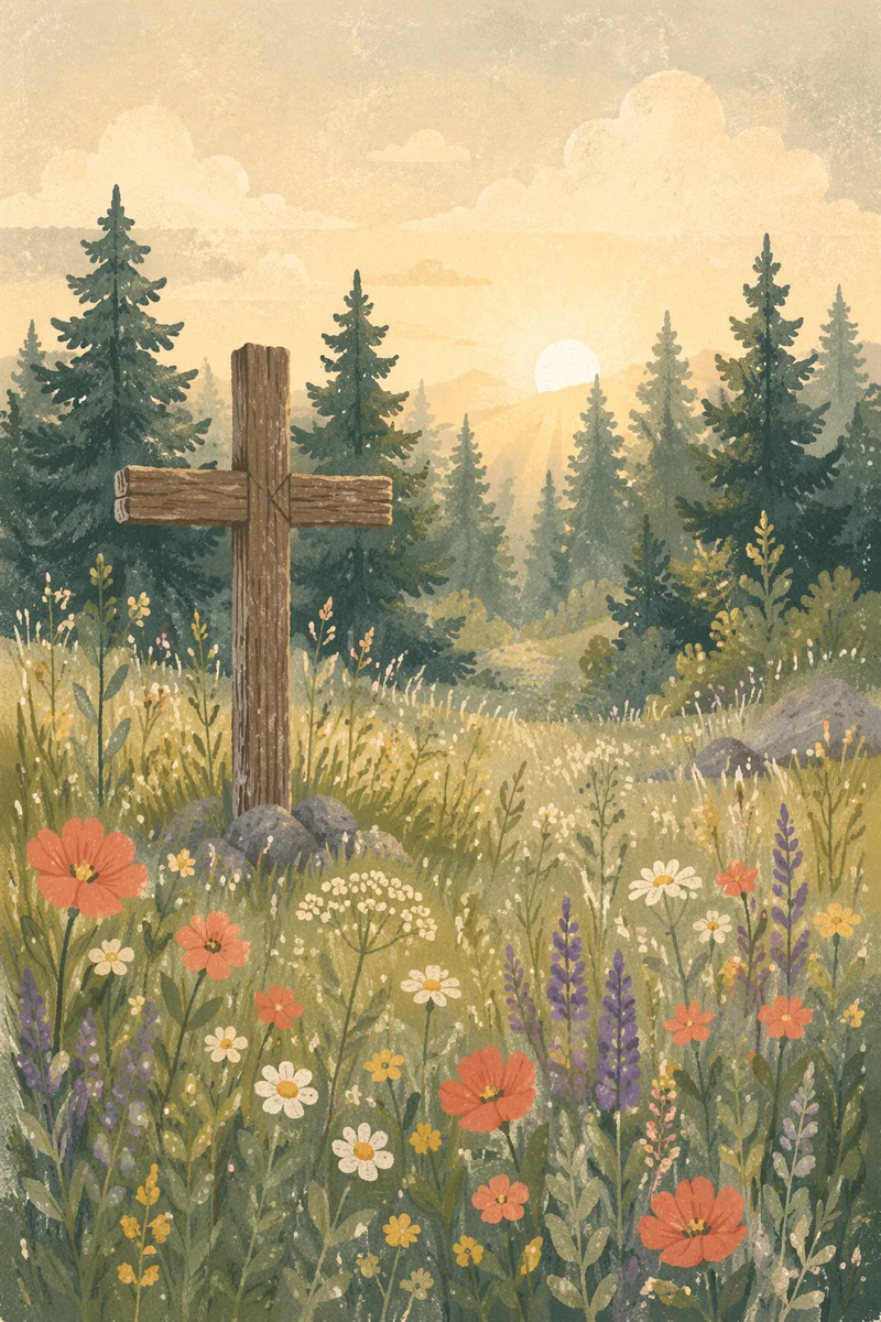 Wildflower Meadow Cross in Morning Light