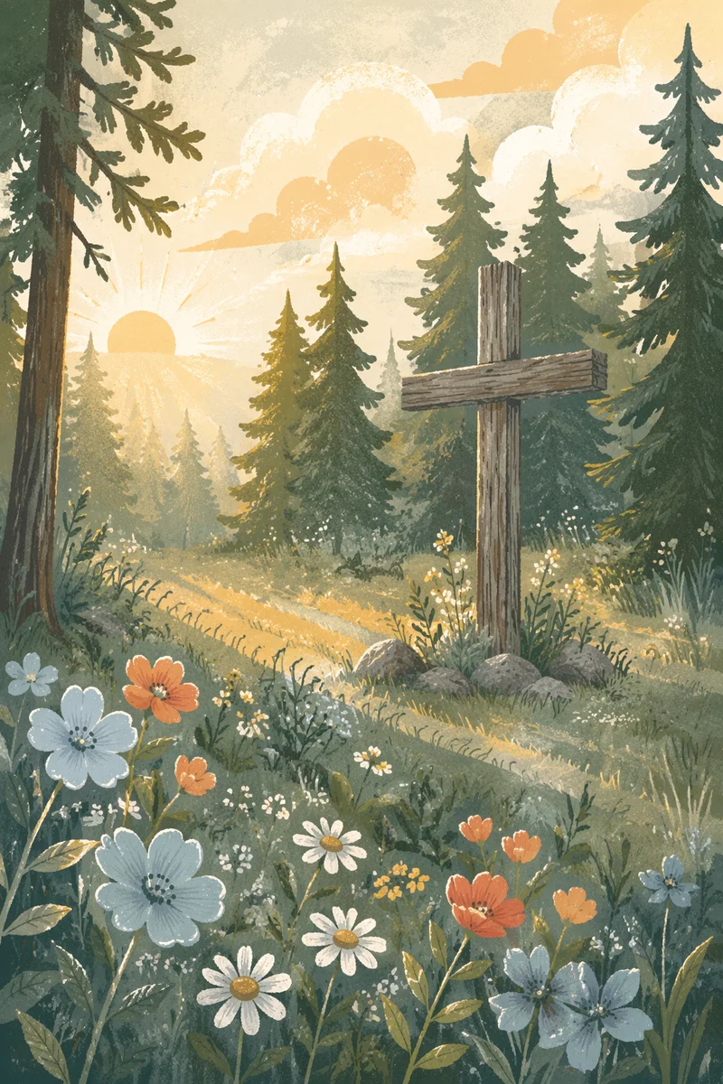 Morning Wildflower Meadow with Wooden Cross