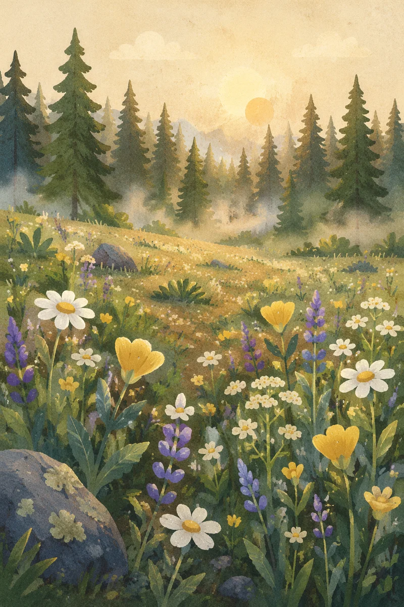 Wildflower Meadow with Evergreens at Dawn