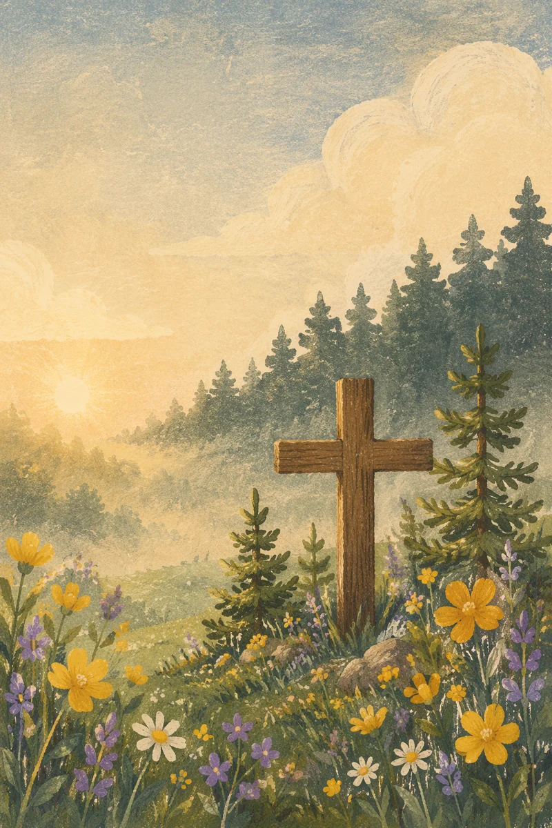 Morning Wildflower Meadow with Wooden Cross