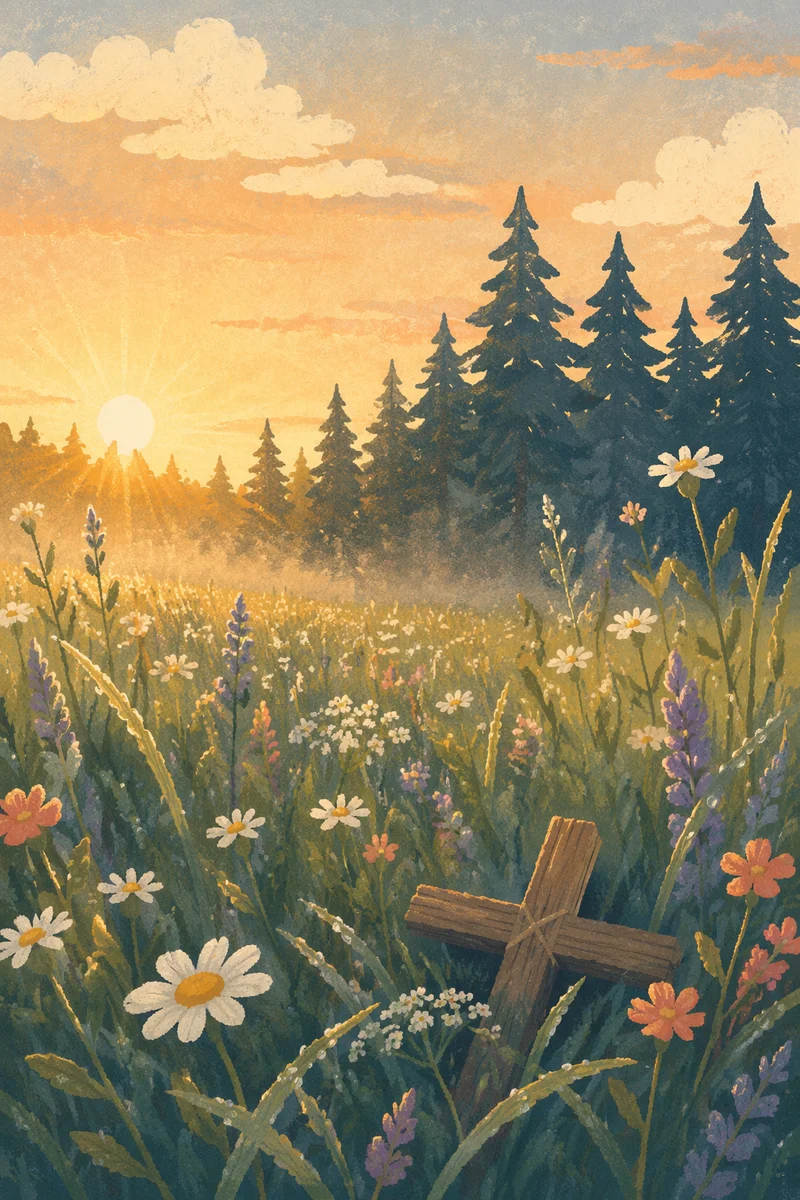 Morning Wildflower Meadow With Wooden Cross