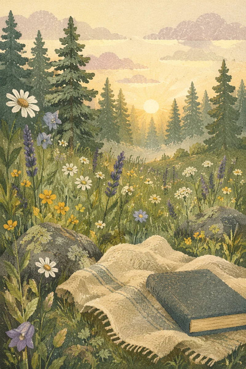 Morning Wildflower Meadow Beside Evergreen Grove