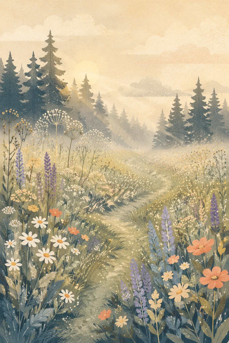 Dawn Wildflower Meadow with Evergreens