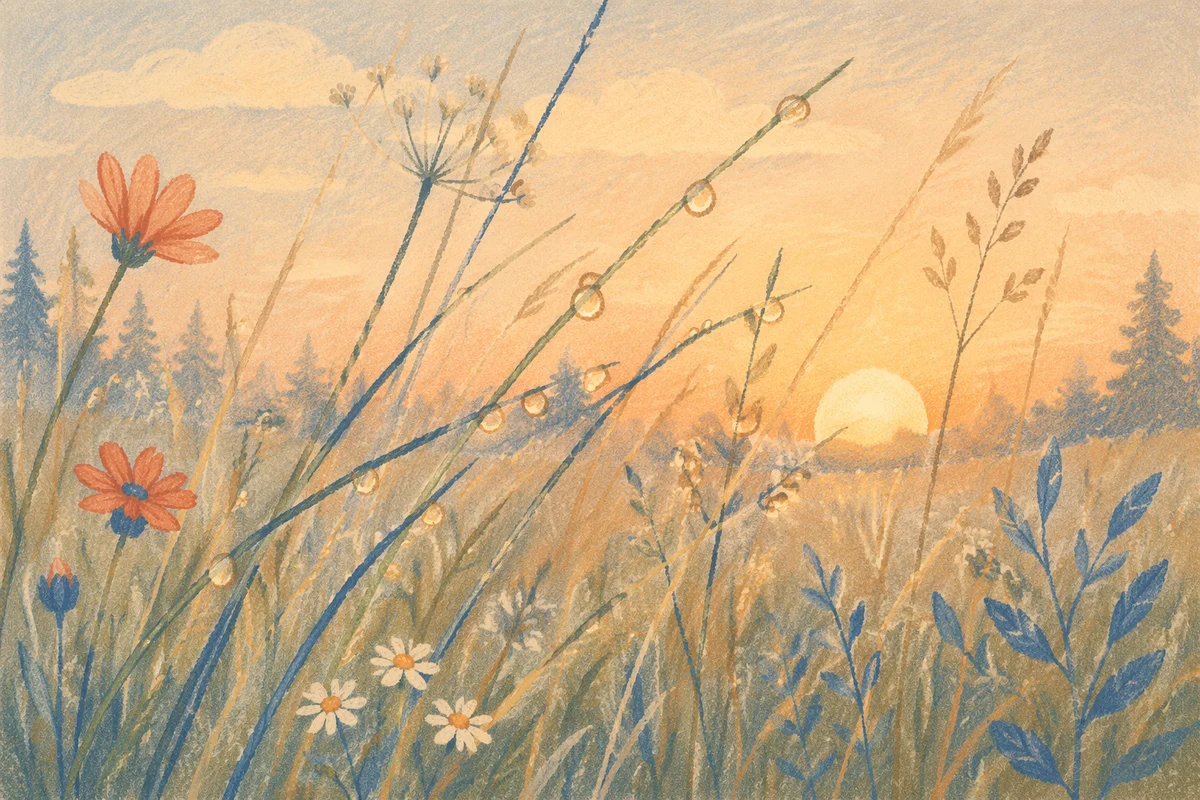 Dawn Dew in Evergreen Wildflower Meadow