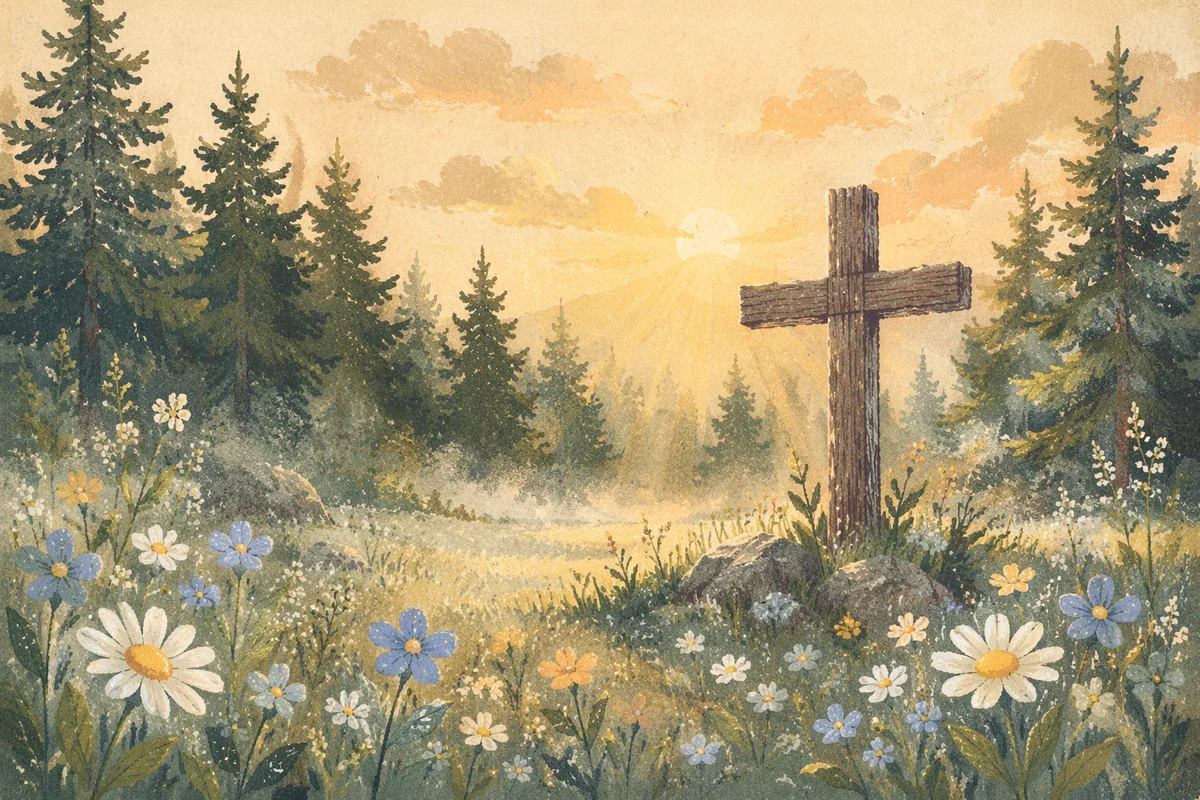 Morning Wildflower Meadow with Wooden Cross